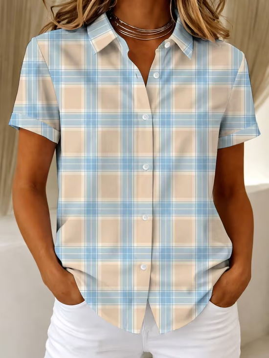 Shirt Collar Short Sleeve Plaid Printing Regular Micro-Elasticity Loose Button Up Shirt Shirt For Women
