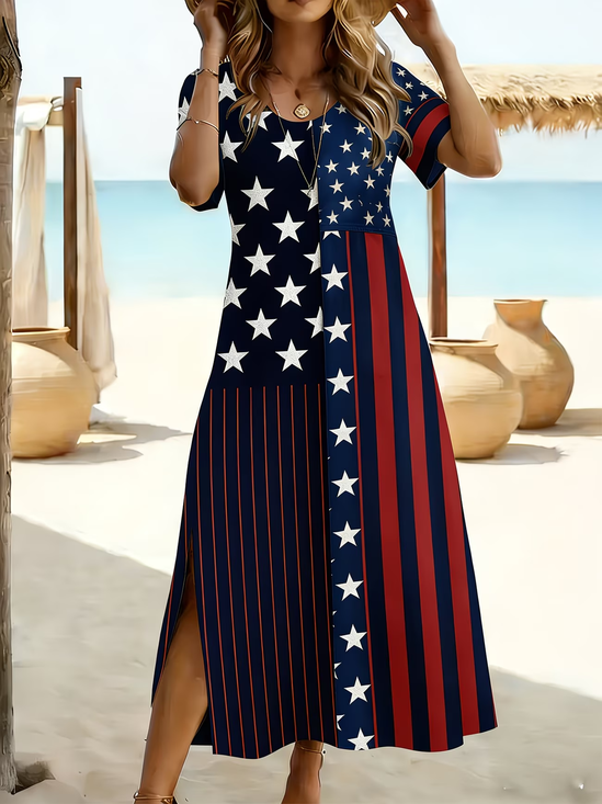 Women Independence Day (Flag) Summer Printing Dress Crew Neck Short Sleeve T-Shirt Dress H-Line Dress