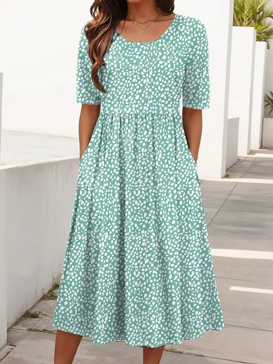 Women Abstract Polka Dots Summer Printing Dress Crew Neck Short Sleeve Shift Dress H-Line Dress