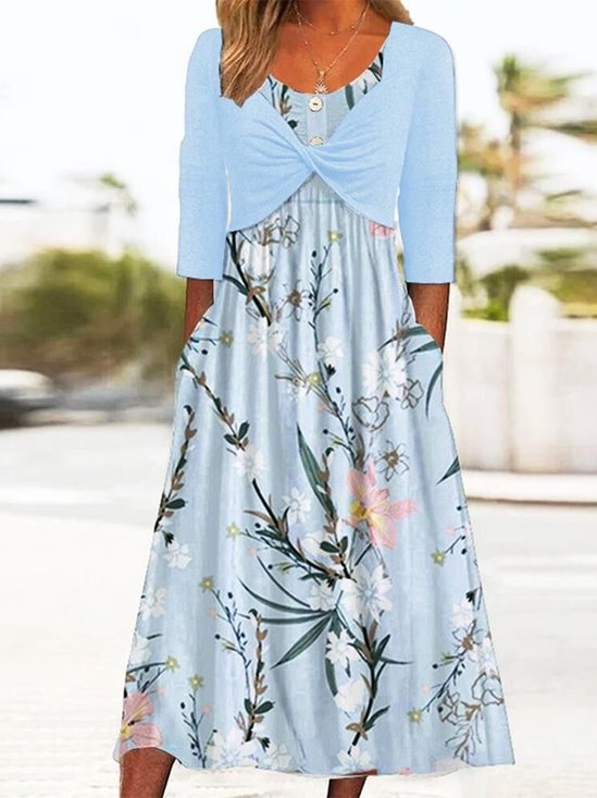 Women Floral Spring/Fall Dress V Neck Long Sleeve Fit & Flare Dress A-Line Dress