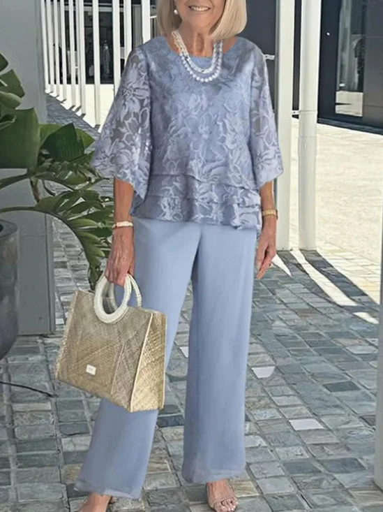 Women Floral Two-Piece Set Daily Three Quarter Sleeve Casual Spring/Fall Top With Pants Matching Set