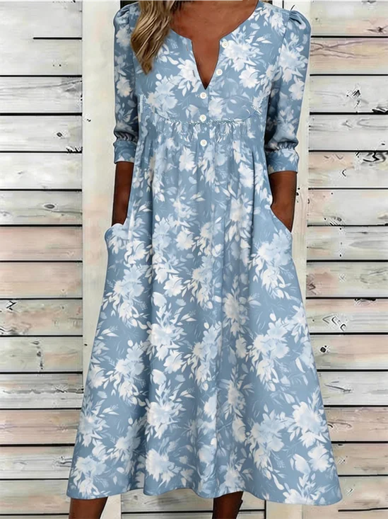 Women Floral Summer Dress Half Open Collar Half Sleeve A-Line Dress