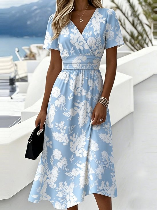 Women Floral Summer Dress V Neck Short Sleeve Fit & Flare Dress A-Line Dress