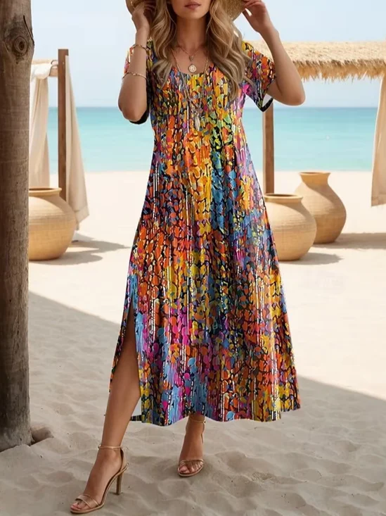 Women Abstract Summer Printing
                                    Dress Crew Neck Short Sleeve T-Shirt
                                    Dress H-Line Dress