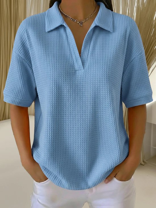 Vintage Plain Shawl Collar Short Sleeve T-shirt