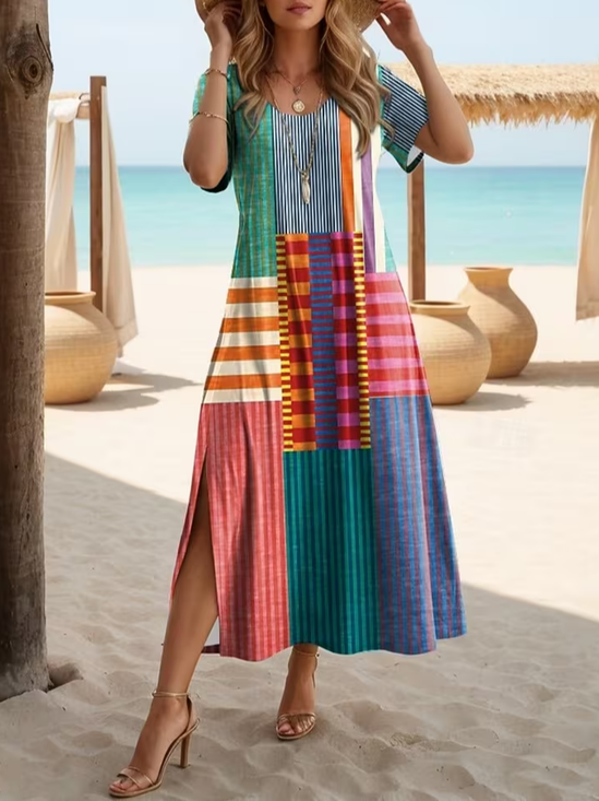 Women Abstract Summer Printing Dress Crew Neck Short Sleeve T-Shirt Dress H-Line Dress