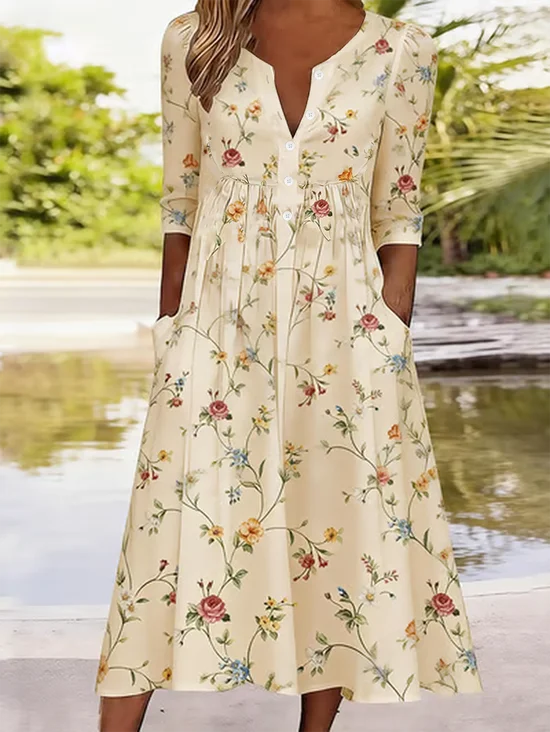 Women Floral Summer Dress Half Open Collar Half Sleeve A-Line Dress