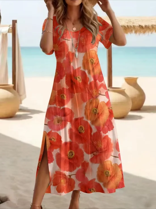 Women Floral Summer Printing
                                    Dress Crew Neck Short Sleeve T-Shirt
                                    Dress H-Line Dress