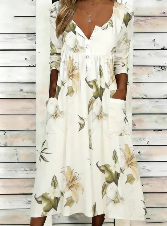 Women Floral Summer Dress Half Open Collar Half Sleeve A-Line Dress