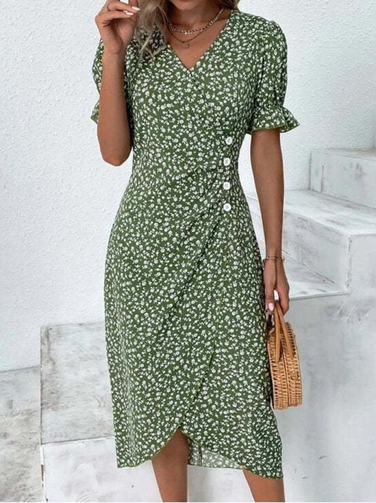Women Ditsy Floral Puff Sleeve Summer Dress Short Sleeve H-Line Dress
