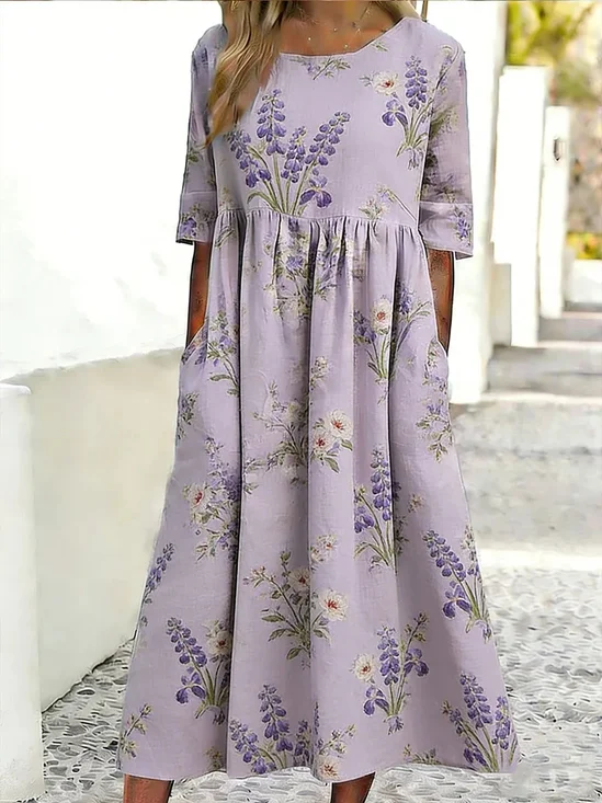 Women Floral Summer Dress Crew
                                    Neck Half Sleeve A-Line Dress