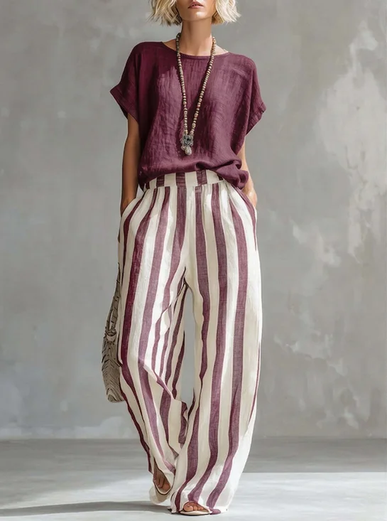 Women Striped Two-Piece Set Daily Short Sleeve Casual Summer Top With Pants Matching Set