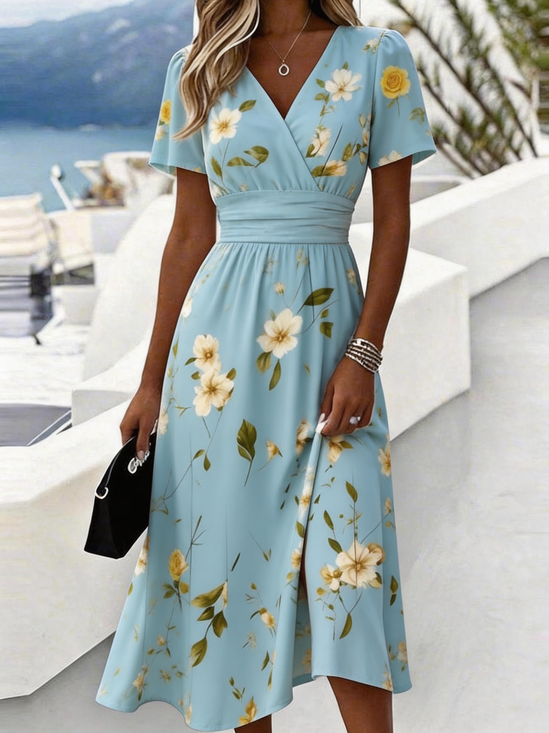 Women Floral Summer Dress V Neck Short Sleeve Beach Dress A-Line Dress