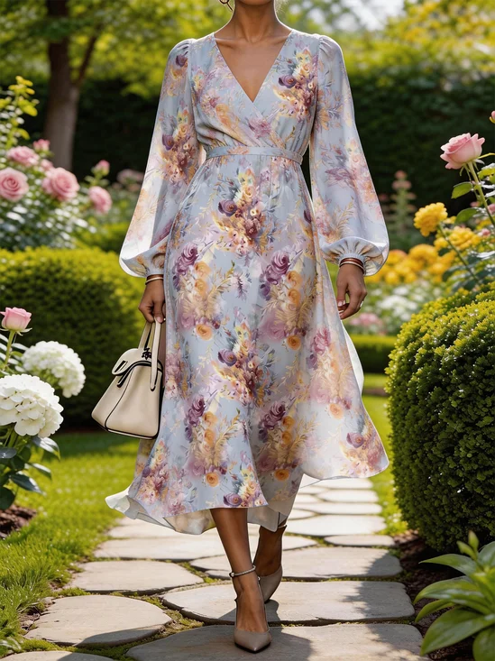 Women Floral Balloon Sleeve
                                    Summer Dress V Neck Long Sleeve
                                    A-Line Dress