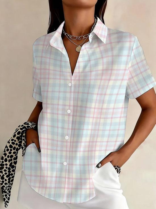 Shirt Collar Short Sleeve Plaid Printing Regular Micro-Elasticity Loose Button Up Shirt Shirt For Women