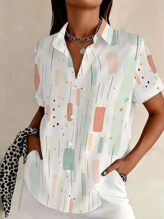 Shirt Collar Short Sleeve Abstract Printing Regular Micro-Elasticity Loose Button Up Shirt Shirt For Women