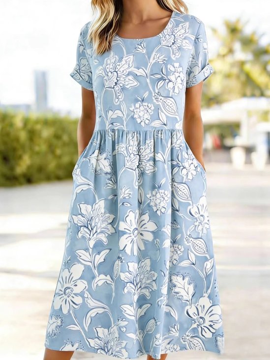 Women Floral Summer Dress Crew
                                    Neck Short Sleeve Fit & Flare
                                    Dress A-Line Dress