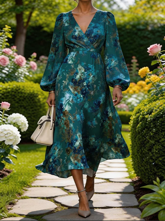 Women Floral Summer Dress V Neck Short Sleeve Beach Dress A-Line Dress