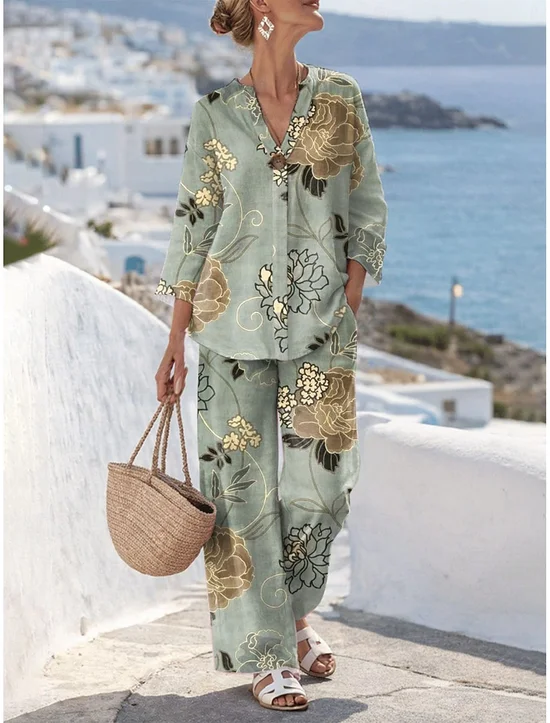 Women Floral Two-Piece Set Daily Three Quarter Sleeve Casual Spring/Fall Top With Pants Matching Set