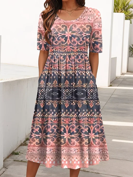 Women Ethnic Summer Printing Dress Crew Neck Short Sleeve Shift Dress H-Line Dress