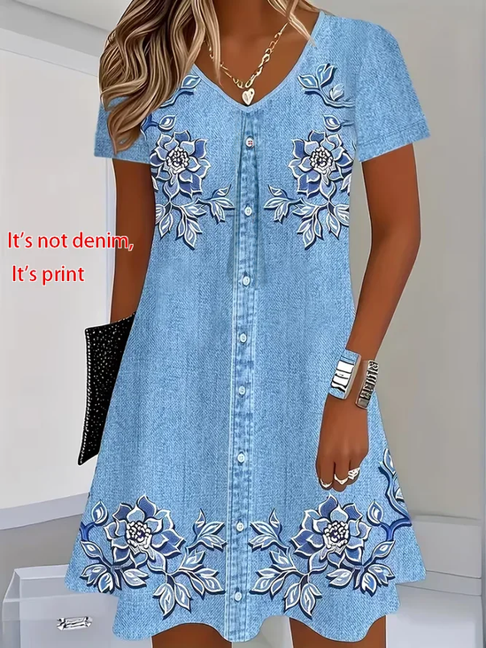 Women Floral Summer Printing Dress V Neck Short Sleeve T-Shirt Dress H-Line Dress