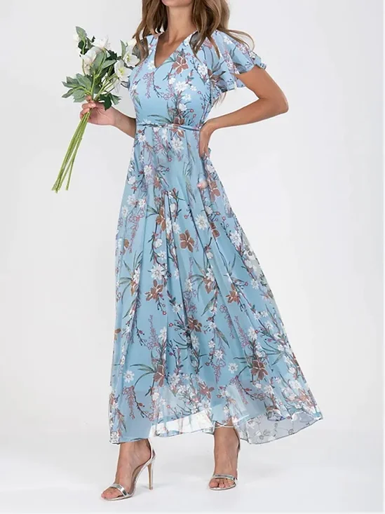 Women Floral Summer Dress Short
                                    Sleeve A-Line Dress