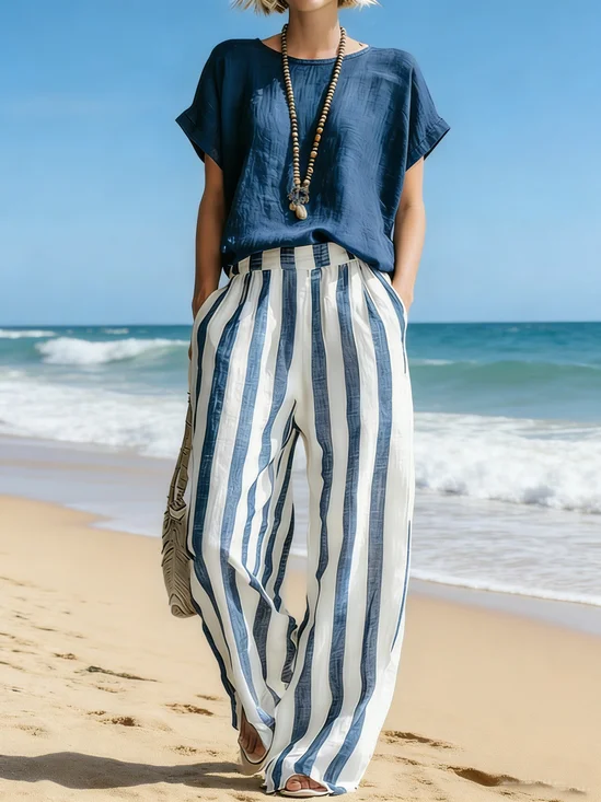 Women Striped Two-Piece Set Daily Short Sleeve Casual Summer Top With Pants Matching Set