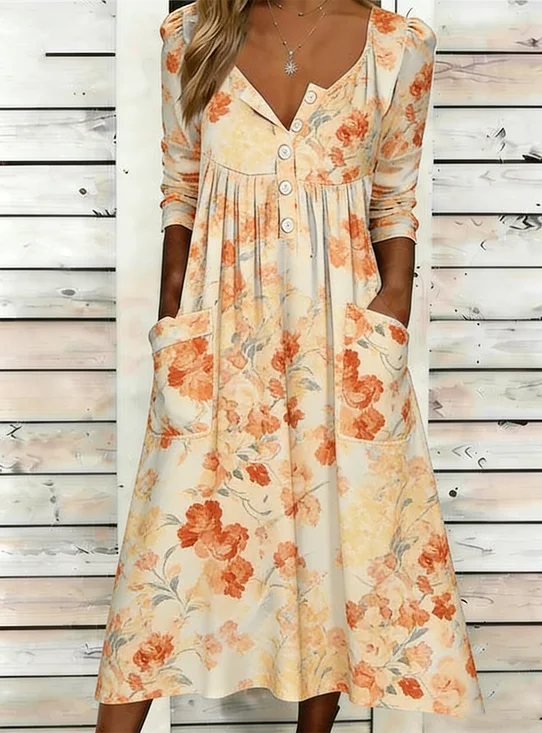 Women Floral Summer Dress Half Open Collar Half Sleeve A-Line Dress
