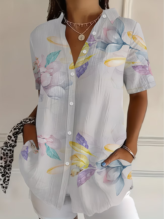 Shirt Collar Short Sleeve Floral Printing Regular Micro-Elasticity Loose Button Up Shirt Shirt For Women