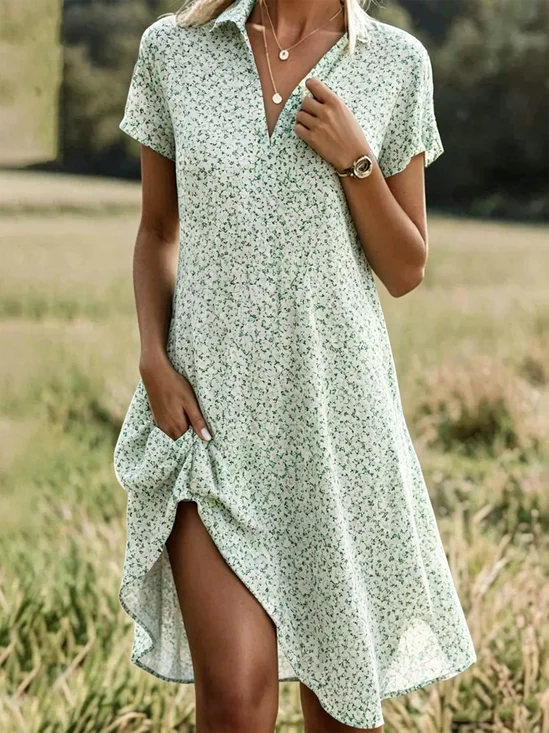 Women Ditsy Floral All Season
                                    Dress Shawl Collar Short Sleeve
                                    Shirt Dress A-Line Dress