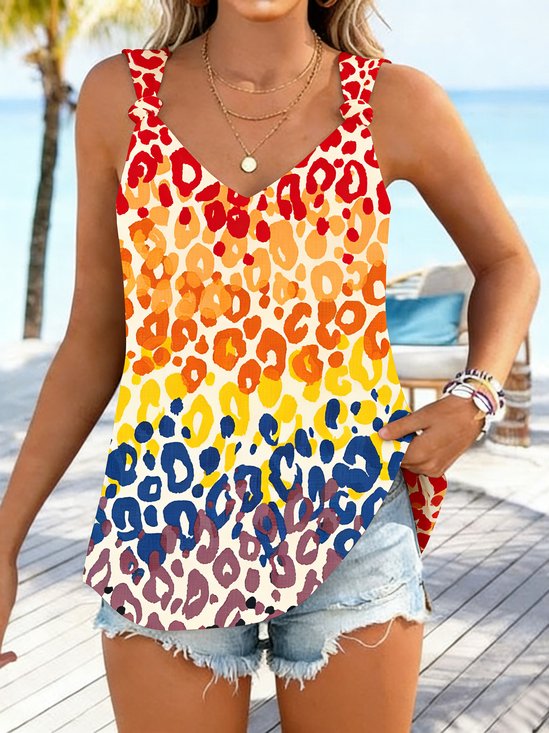 Casual V Neck Leopard Tank Top