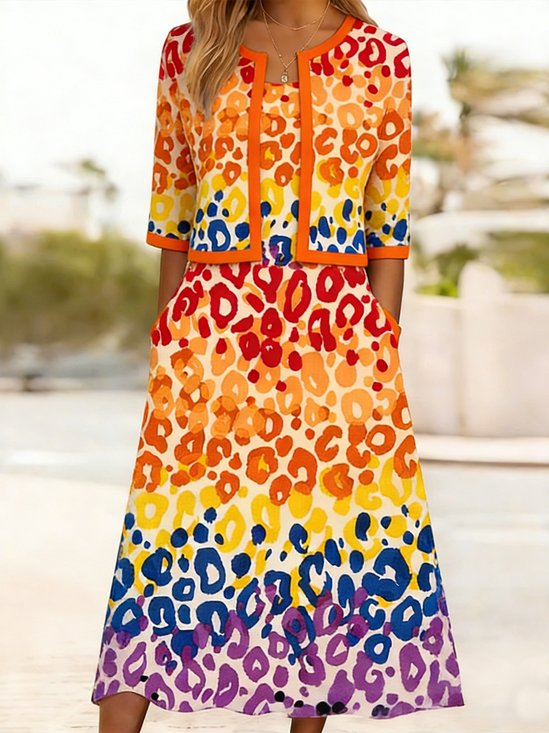 Women Leopard Two-Piece Set Daily Half Sleeve Casual Summer Top With Skirt Matching Set