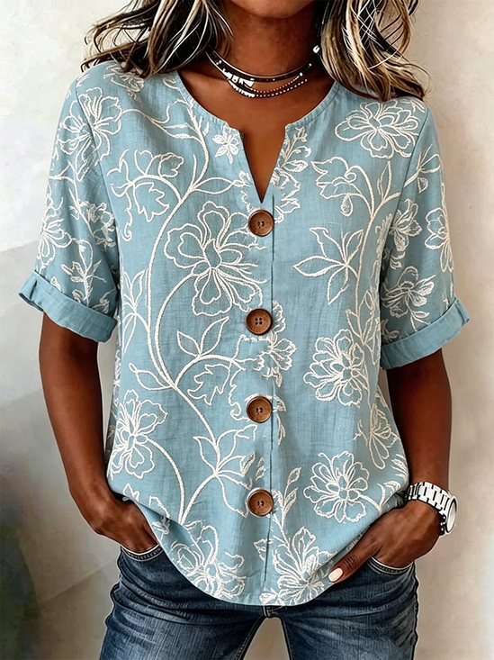 Stand Collar Long Sleeve Floral Regular Loose Shirt For Women