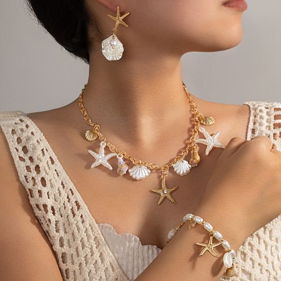Golden Color Shell Iron Detail With Starfish And Seed Beads Chain Bracelets Dangle Chain Necklaces Sets