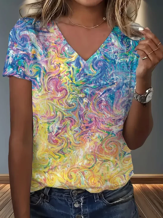 Vintage Abstract V Neck Short Sleeve T-shirt