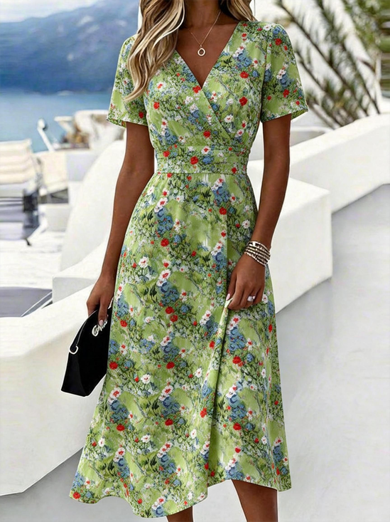 Women Geometric Summer Dress V Neck Short Sleeve Beach Dress A-Line Dress