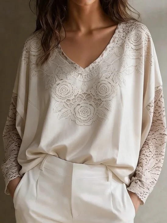 V Neck Long Sleeve Plain Regular Loose Blouse For Women