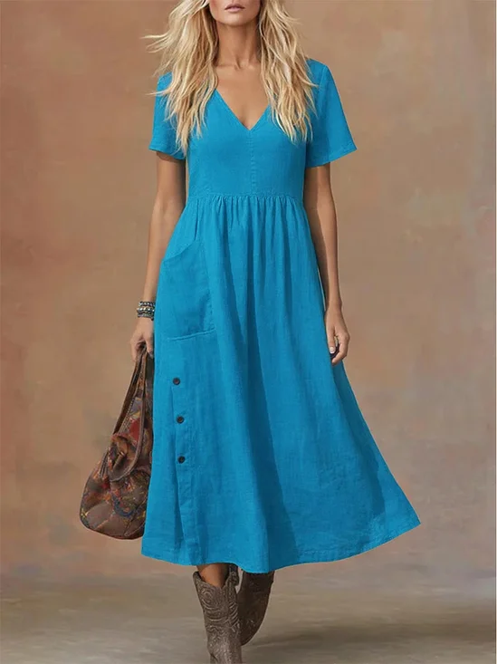Women Plain Summer Dress V Neck Short Sleeve Fit & Flare Dress A-Line Dress