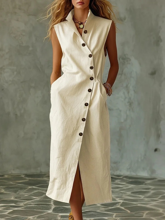 Women Plain Summer Dress Stand Collar Sleeveless Bodycon Dress