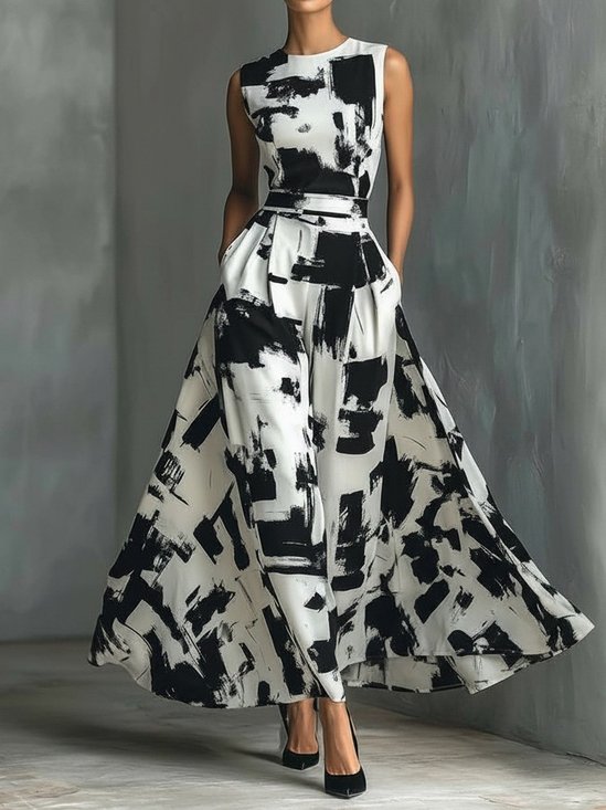 Women Abstract Summer Dress Crew Neck Sleeveless Fit & Flare Dress A-Line Dress