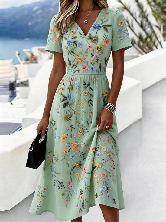 Women Floral Summer Dress V Neck Short Sleeve Beach Dress A-Line Dress