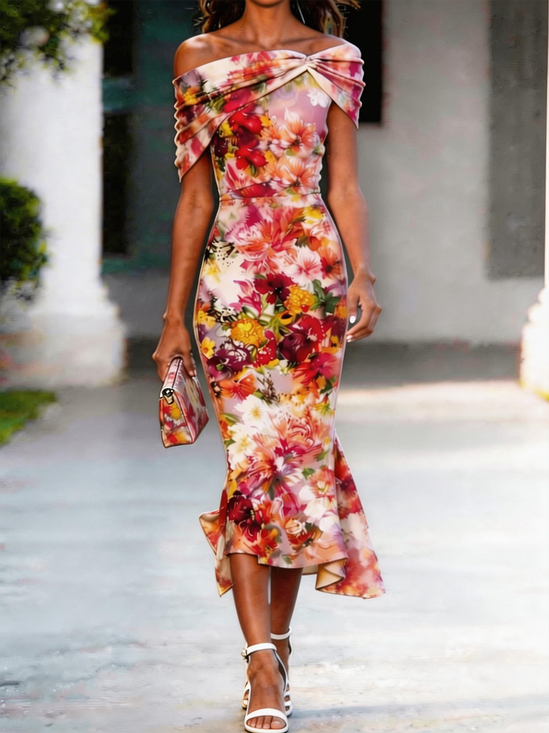 Women Floral Summer Dress Cap Sleeve X-Line Dress