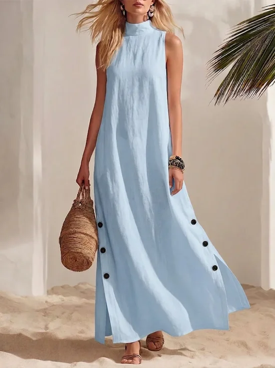 Women Plain Summer Dress Stand Collar Sleeveless Fit & Flare Dress A-Line Dress