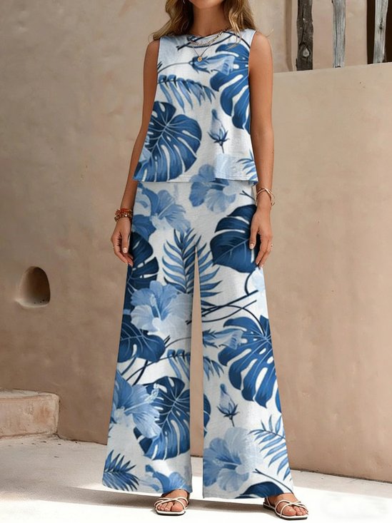 Women Floral Two-Piece Set Daily Sleeveless Casual Summer Top With Pants Matching Set