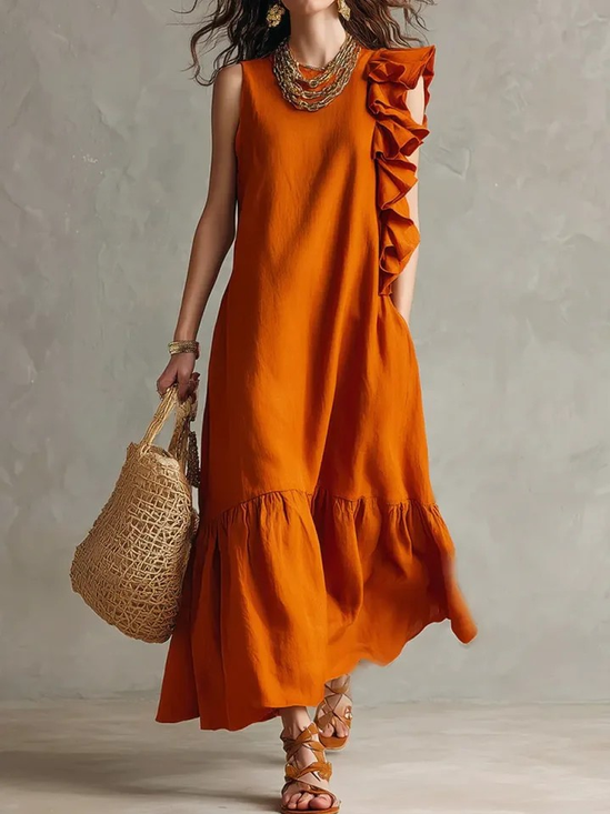 Women Plain Summer Dress Crew Neck Sleeveless T-Shirt Dress A-Line Dress