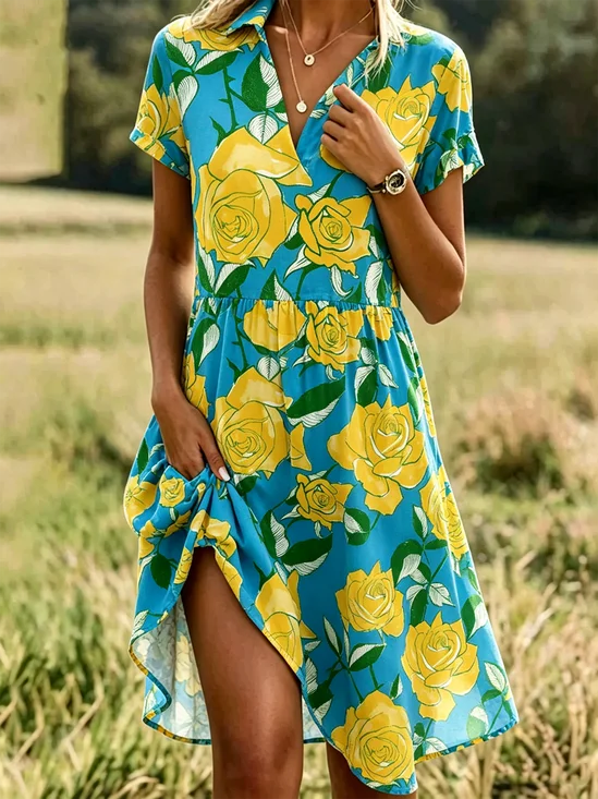 Women Floral All Season Dress Shawl Collar Short Sleeve Shirt Dress A-Line Dress