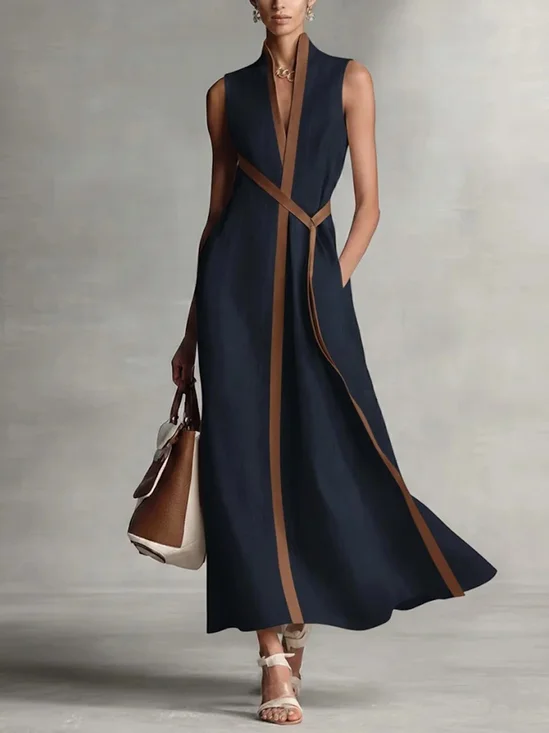 Women Color Block Summer Dress Stand Collar Sleeveless Fit & Flare Dress A-Line Dress
