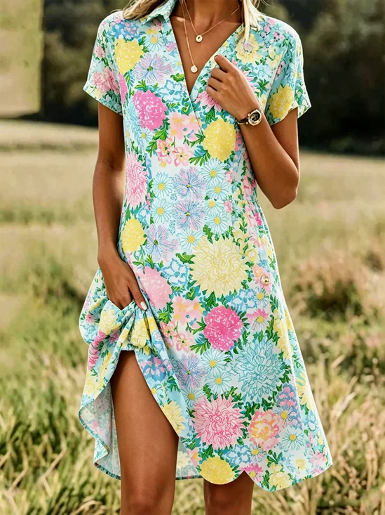 Women Floral All Season Dress Shawl Collar Short Sleeve Shirt Dress A-Line Dress