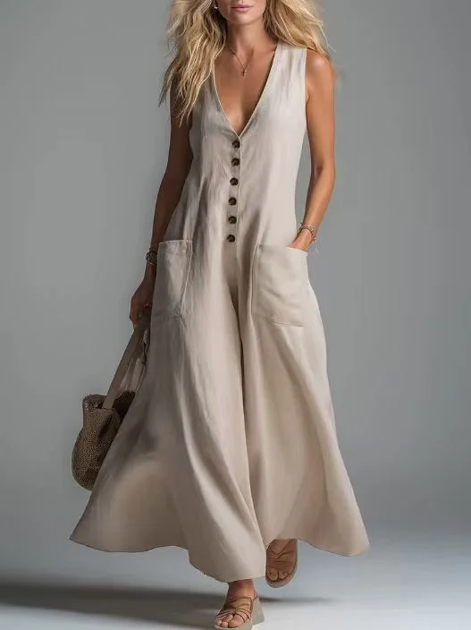 Women Plain Summer Dress V Neck Sleeveless Fit & Flare Dress A-Line Dress