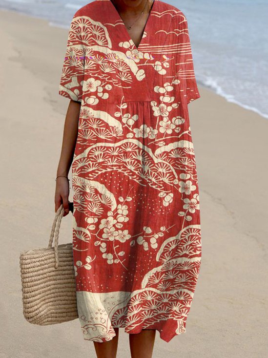 Women Floral Spring/Fall Dress V Neck Long Sleeve Shirt Dress A-Line Dress